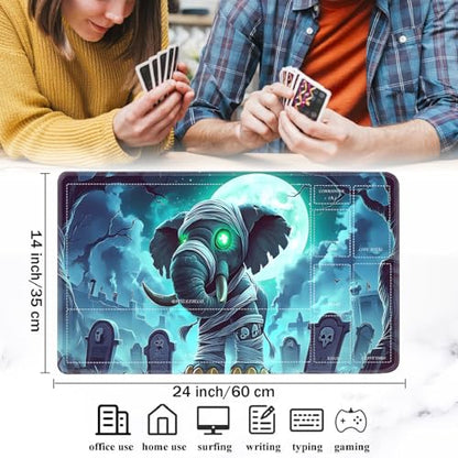for MTG/TCG Playmat with Zones, 24 x 14 inches Trading Card Playmat with A Storage Bag and 6 Dice, Non-Lip Rubber Bottom Game Desk Mat, Mummy Elephant in The Cemetery - color: Yux-playmats-2-3A-256
