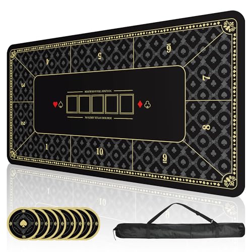 ORIENGEAR Poker Mat 70x35 Inch, 10 Player Poker Table Topper with Non-Slip Rubber Base & Carry Bag, Professional Blackjack Table Top for Texas Holdem, Home Casino Game Nights - color: Black