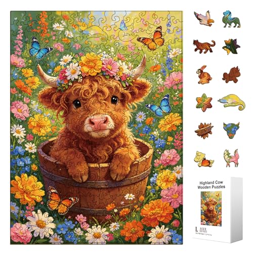 300pcs Wooden Puzzles for Adults Unique Animal Shaped Pieces | Colorful Funny Jigsaw Puzzle Challenging Brain Teaser for Family Game Birthday Gift Home Decor (Flowering Highland Cattle) - color: Flowering Highland Cattle