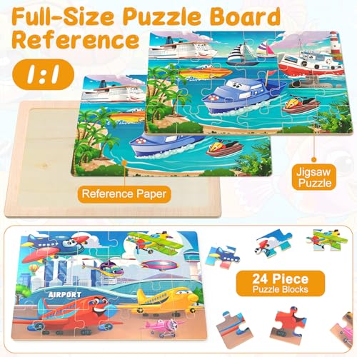 4 Pack Wooden Vehicle Jigsaw Puzzles for Kids Ages 2-4 Toddler Puzzles Gift | Sensory Toys, Preschool Educational Toys, Toddler Puzzles Gift for 3 4 5 Year Old Boys Girls - color: Vehicles