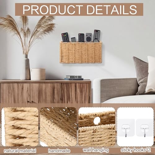Woven Paper Rope Remote Control Holder Organizer Handmade Wall Hanging Remote Storage Basket with Hooks Boho Farmhouse Wall Organizer for Living Room Bedroom Office Dorm Decor