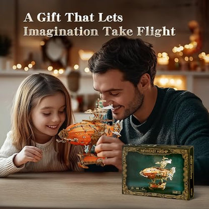 FUNPOLA LED 3D Wood Puzzle Fantasy Airship Model - Steampunk DIY Craft Kit with LED Lights – Intricate Wooden Airship Model Building Set for Adults(Orange) - color: Orange