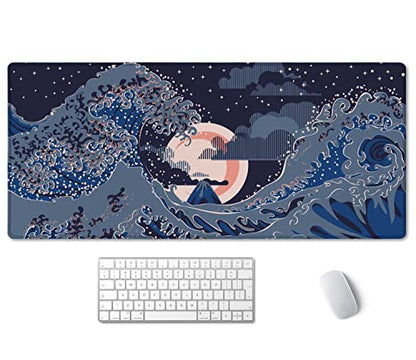 SSOIU Nightscape with Big Ocean Waves Mouse Pad 35.5 X 15.7 Inch XXL Modern Full Desk Mousepad Extended Large Non-Slip Rubber Base Waterproof Big Keyboard Mat with Stitched Edges for Gaming and Office - color: Nightscape With Big Ocean Waves