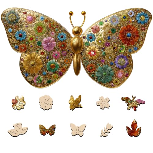 Mocfesk Wooden Puzzles for Adults, Golden Butterfly Puzzles, 206 Pieces | Unique Shaped Jigsaw Puzzles for Adults and Kids, Birthday Gifts Fun Family Game 13.8 x 7.4 in - color: Golden Butterfly, size: Small