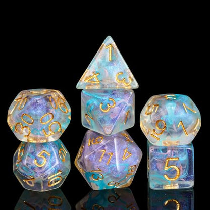 UDIXI 7PCS D&D Polyhedral Dice Set Swirls Glitter DND Dice Set for RPG | Cyan Pink Colors, Dreamy Effect, Velvet Dice Bag Packaging, for Dungeons and Dragons Role Playing Games and Tabletop Games - color: Cyan With Pink