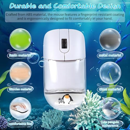 Wireless Mouse -Cute Clear Aqua Design, Water Mouse with Optical Precision, Silent Clicks, Lightweight & Floating Animal Transparent Retro Style for Home Office, Great for Kids & Adult(Penguin-White) - color: Penguin-White