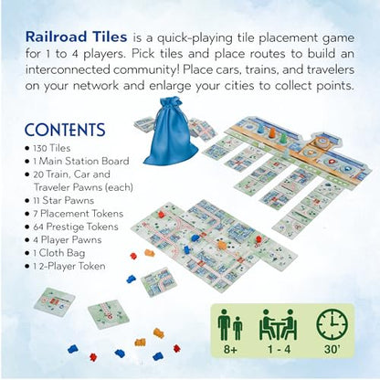 Railroad Tiles Board Game - Network-Building Tile-Laying Game, Family Fun Strategy for Kids & Adults, Ages 8+, 1-4 Players, 30-45 Minute Playtime