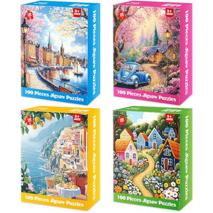 4-Pack 100 Piece Puzzle for Seniors Family Puzzles for Kids Adults | City & Country View - Large Piece Puzzles for Kids Ages 4-6 6-8 8-10 Learning Educational Toys for Boys and Girls - style: City & Country View