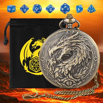 Mini DND Dice Set with Steampunk Dragon Large Pocket Watch Shell Case, 7-Piece Polyhedral Acrylic D&D Dice, DND Gift Bag with Dragon Logo, Role Play Board Game Accessories, Bronze + Blue - color: Bronze + Blue