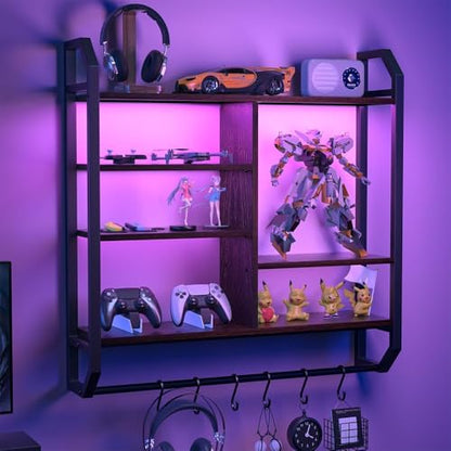 34" 6-Tier Adjustable Gaming Shelf, Wall Mount Floating Console Storage with LED Lights, Hanging Rod and 6 S-Hooks for PS5 Xbox Bedroom Display, Black