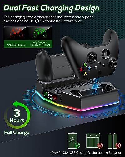 Cooling Stand & Charge Station for Xbox Series S with RGB Light Strip,Black | Dual Controller Charger & Cooler Fan for XSS Console Accessories with 2*1400mAH Rechargeable Battery Pack,1*Headphone Hook - color: Black