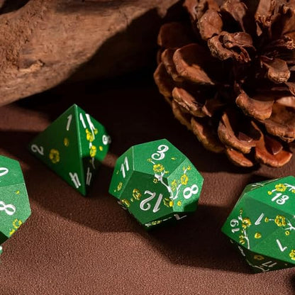 UDIXI DND Metal Dice Set Green, Flower Solid Metal RPG Dice Set for D&D | Yellow Flower, Metal Case Packaging, Heavy Metal Dice, D&D Gift, for Dungeons and Dragons Role Playing Games Tabletop Games - color: Green-white