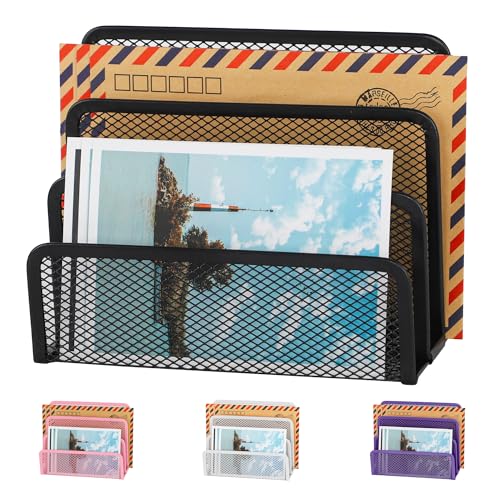 EASEPRES Desk Mail Organizer, Office Small Desktop Metal Mesh Envelope Letter Sorter Paper File Holder Organizer with 3 Vertical Upright Compartments, Black 1 Pack - color: Black, size: 1 Pack