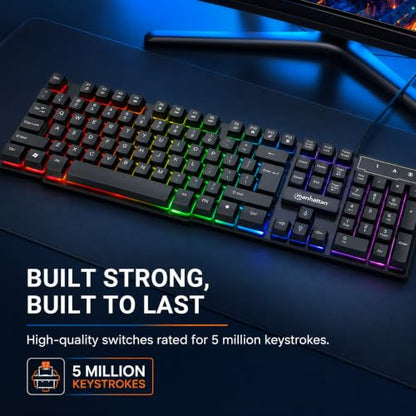 MANHATTAN RGB LED USB Gaming Keyboard - Full Size, Rainbow Backlight, Spill-Resistant, Quiet Keystrokes, 12 Multimedia Function Keys, for Computer, PC, Desktop, Gamer – 3 Yr Mfg Warranty - 180603 - color: Rainbow