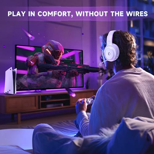 AOC Wireless Gaming Headset for PS5, PS4,PC, 2.4GHz Gaming Headphones | Bluetooth 5.3, 360° Noise Cancelling Mic, 20ms Low-Latency, 50+Hr Battery, 53mm Speaker, 3D Surround Sound, Type-C- White