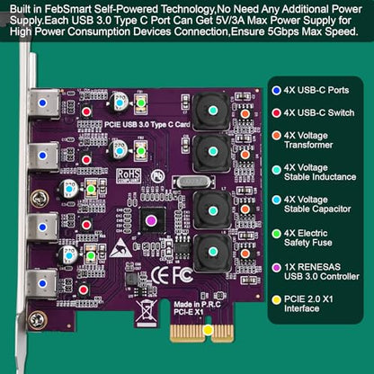 4X 5Gbps USB-C Ports PCI Express USB 3.0 Expansion Card for Windows 11, 10, 8.x, 7, Vista, XP Desktop PCs, Built in Self-Powered Technology, No Need Additional Power Supply (FS-U304C-Pro) - style: FS-U304C-Pro