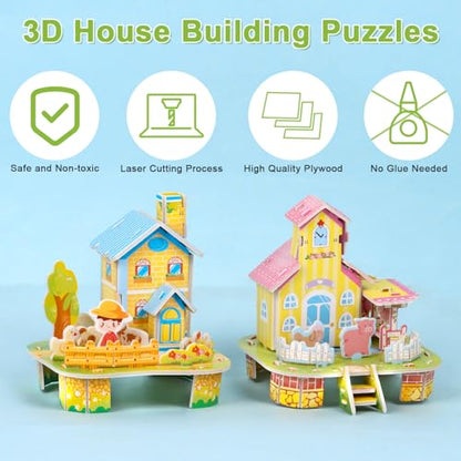 LOAVER 12 Pack 3D House Building Puzzles Kit for Kids,3D DIY Jigsaw Cartoon Paper Puzzles Toy Set for Children Gifts Hand-on Crafts School Prizes