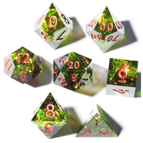 DND Resin Sharp Edge Polyhedral Dice Set,for Dungeons and Dragons RPG MTG Table Games,7 Pcs Handmade Gemstone Dice Set - color: Verdant Gild