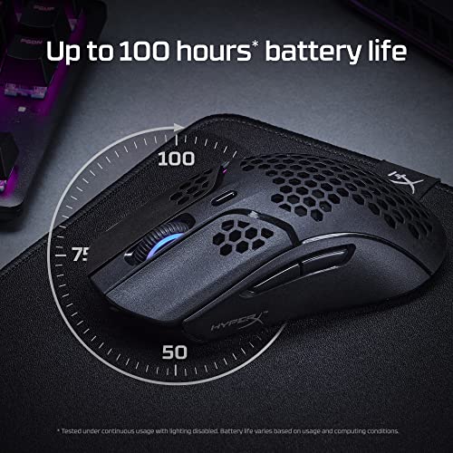 HyperX Pulsefire Haste – Wireless Gaming Mouse – Ultra Lightweight, 61g, 100 Hour Battery Life, 2.4Ghz Wireless, Honeycomb Shell, Hex Design, Up to 16000 DPI, 6 Programmable Buttons – Black, 4P5D7AA - color: Black