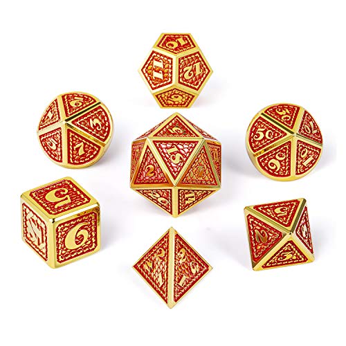 DNDND Metal Gaming Dice, 7 PCS Red Dragon Scale Metallic DND Die with Velvet Pouch for Dungeons & Dragon D&D Game (Red with Gold Edge) - color: Red With Gold Edge