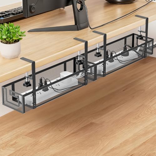 Cable Management, 15.75" Under Desk Cable Management Tray No Drill | Heavy Duty Metal Cord Organizer, Under Desk Wire Management for Gaming/Standing Desk, Clamp for Home Office, 2 Pack, Black - color: Black-2 pack