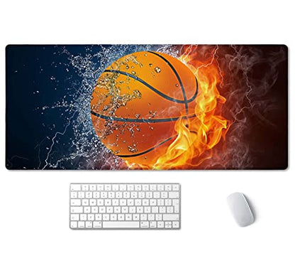 SSOIU Extended Gaming Mouse Pad (35.5x15.7 in), Basketball Ball in Fire and Water Large Non-Slip Rubber Base Mousepad with Stitched Edges, Waterproof Keyboard Mouse Mat Desk Pad for Work, Game, Office - color: Basketball Ball
