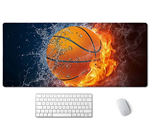 SSOIU Extended Gaming Mouse Pad (35.5x15.7 in), Basketball Ball in Fire and Water Large Non-Slip Rubber Base Mousepad with Stitched Edges, Waterproof Keyboard Mouse Mat Desk Pad for Work, Game, Office - color: Basketball Ball
