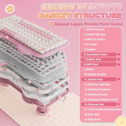 YUNZII C75 Wireless Mechanical Keyboard,75% Layout, Hot-Swappable NKRO,BT5.0/2.4G/USB-C Mode,Dye-Sub PBT MOA Keycaps,RGB Gasket Mount,Cute Cake Design for Mac/Win/Gaming (Pink, Milk V2 Switch) - color: Pink, size: Milk V2 Switch