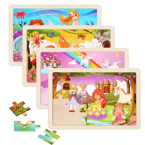 Wooden Puzzles Toys for Kids Ages 3-5, Set of 4 Packs with 20-Piece Unicorn Mermaid Princess Wood Jigsaw Puzzles, Preschool Educational Brain Teaser Toys for Girls 3 4 5 6 Years Old. - color: Princess
