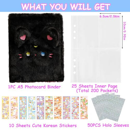 Kpop Photocard Binder with 6 Stickers Sheet & 50 Shinning Protective Sleeves Kpop Photocard Holder Book with Kpop Photocard, A5 Binder Photocard Album 30 Inner Pages with 240 Pockets (Blackplush) - color: Blackplush