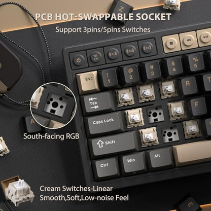 RK ROYAL KLUDGE M65 Wireless Gaming Keyboard with Volume Knob, 60% Hot Swappable Mechanical Keyboard 2.4G/BT/USB-C, Gasket Mount, Battery Display, PBT Keycaps, Hot-Swappable Cream Switch, Black - color: black, size: cream switch