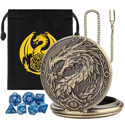 Mini DND Dice Set with Steampunk Dragon Large Pocket Watch Shell Case, 7-Piece Polyhedral Acrylic D&D Dice, DND Gift Bag with Dragon Logo, Role Play Board Game Accessories, Bronze + Blue - color: Bronze + Blue