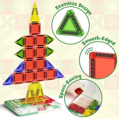 Magnetic Tiles Travel Storage Mini STEM Blocks Festive Box 26PCS 3+ | STEM magnetic building tiles with festive travel box. Great for road trips, airplanes, Montessori play & on-the-go fun - size: 26 PCS