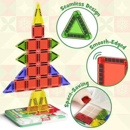 Magnetic Tiles Travel Storage Mini STEM Blocks Festive Box 26PCS 3+ | STEM magnetic building tiles with festive travel box. Great for road trips, airplanes, Montessori play & on-the-go fun - size: 26 PCS