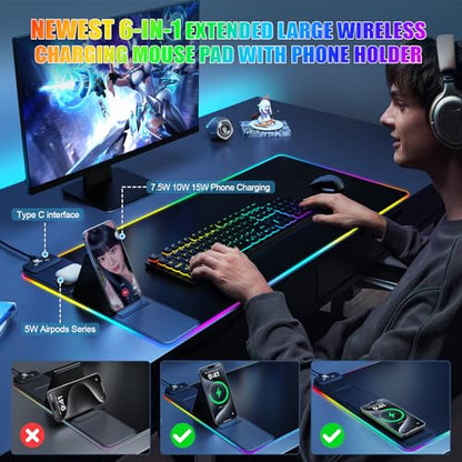 Mouse Pad with Phone Holder, Wireless Charging Desk Mat, RGB Gaming Mousepad Home Office Large Desk Pad with Ultra-Smooth Surface, Non-Slip Base, Waterproof Keyboard Pad,Black with 20W USB C Charger - color: 31.5x15.75"Phone Stand-Black w/PD Charger