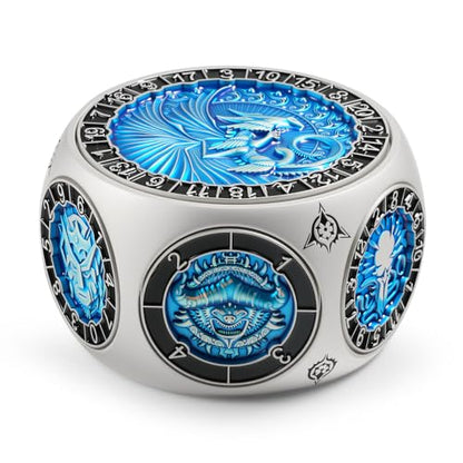 DNDND Unique Hexagonal Spinner Metal Dice, 8-in-1 DND Dice with Dual D20 Monster Themed Dice Set for DND Dungeons and Dragons, Dungeon Masters with Collectible Gift Tin (Silver with Blue) - color: Silver Blue