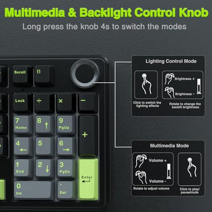 AULA F99 Pro Wireless Mechanical Keyboard with Knob,Creamy Sound,Tri-Mode BT5.0/USB-C/2.4GHz Hot Swappable Keyboard,Gasket Structure,RGB Backlit Computer Gaming Keyboards - color: With Knob-Black&Grey&Green