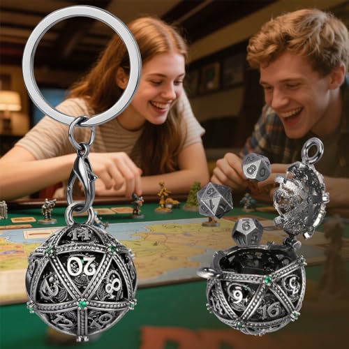 Mini DND Dice Set with Spherical Hollow D20 Metal Case Portable Keychain Necklace, Tiny 7pcs Polyhedral D&D Dice Set, DND Gifts with Gift Box, D&D Accessories for RPG（Green Diamond, Silver） - color: Dark Silver