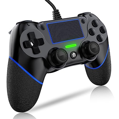DIANVEN PS4 Wired Controller for PC with Double Vibration and Motion Motors, Compatible with Windows 11/10/8/7 - color: Black/Blue