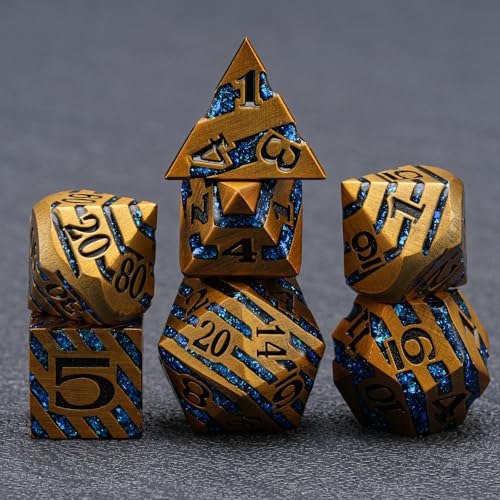 Premium Inlay Metal Dice Set, Heavy Zinc Alloy DND Dice for Serious RPG Players - color: Ancient Gold+blue