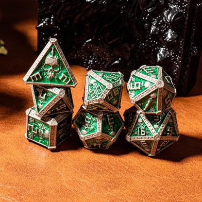 DND Metal Dice Set with Gift Box for D&D/MTG RPG Board Games(Green-Ranger) | Gothic Skull Theme, Skeletal Numerals, Runes Engraved on Edges, Nice Tactile Feel, Metallic Texture & Weight, Well-Balanced - color: Skull-green
