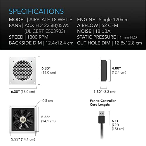 AC Infinity AIRPLATE T8 White, Quiet Cooling Dual-Fan System 6" with Thermostat Control, for Home Theater AV Cabinets - size: 6-Inch - White Dual