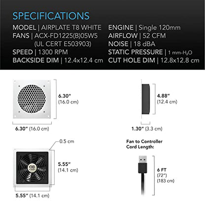 AC Infinity AIRPLATE T8 White, Quiet Cooling Dual-Fan System 6" with Thermostat Control, for Home Theater AV Cabinets - size: 6-Inch - White Dual