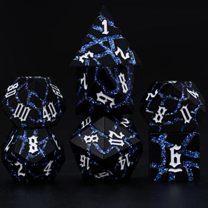 Cracked Rune Metal Dice Set for DND & RPG – Dark Fantasy Fractured Design, Premium Heavy Metal Polyhedral Dice with Deep Engraved Numbers, 7-Piece Set – Blue Arcane Vein - color: Matte Black Blue