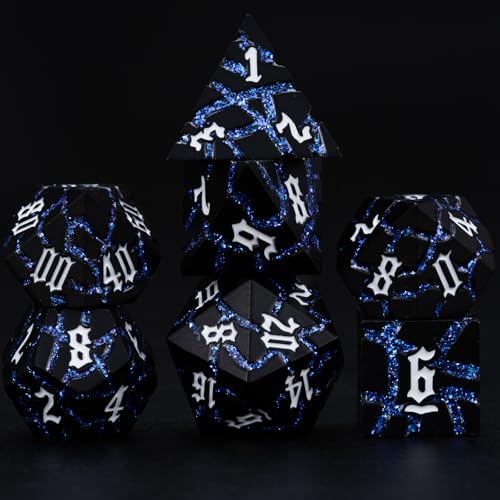 Cracked Rune Metal Dice Set for DND & RPG – Dark Fantasy Fractured Design, Premium Heavy Metal Polyhedral Dice with Deep Engraved Numbers, 7-Piece Set – Blue Arcane Vein - color: Matte Black Blue