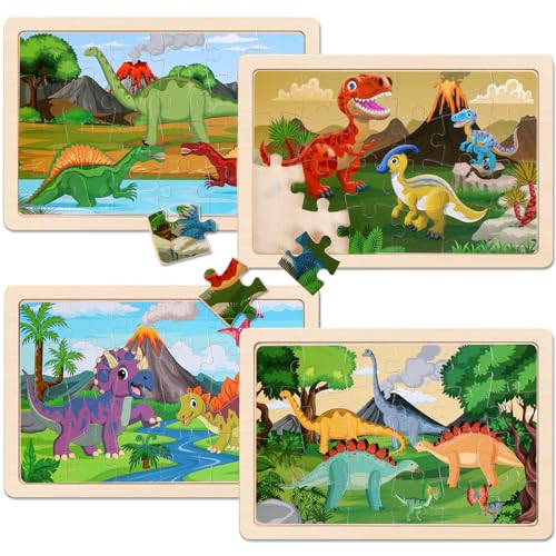 Wooden Puzzles Dinosaur Toys for Kids Ages 3-5, Set of 4 Packs with 20-Piece Wood Jigsaw Puzzles, Preschool Educational Brain Teaser Boards for Boys and Girls 3 4 5 6 Years Old - color: Dinosaur