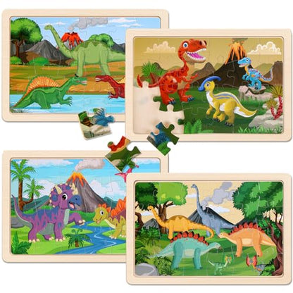 Wooden Puzzles Dinosaur Toys for Kids Ages 3-5, Set of 4 Packs with 20-Piece Wood Jigsaw Puzzles, Preschool Educational Brain Teaser Boards for Boys and Girls 3 4 5 6 Years Old - color: Dinosaur