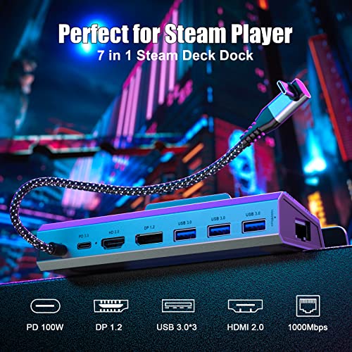 Docking Station for Steam Deck/ROG Ally, 7-in-1 Steam Deck Dock with HDMI 2.0,DP1.2 4K@60Hz, Gigabit Ethernet, 3 USB 3.0 and 100W PD Fast Charging Port, Compatible with Steam Deck