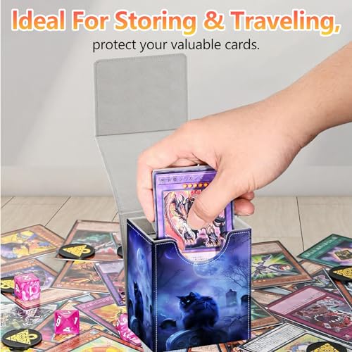 Card Deck Box, Card Storage Box Fits 100+ Single Sleeved Cards, Large Capacity PU Leather Card Storage Box with Strong Magnet for Magic Commander TCG CCG, Night Black Cat - color: Night Black Cat
