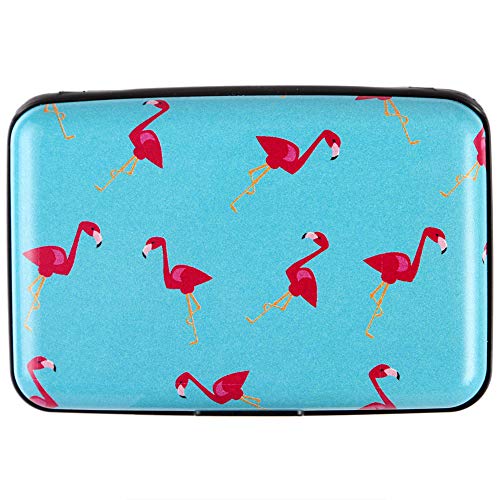 Credit Card Holder Small RFID Blocking Wallet Business Metal Slim Mini Aluminum Hard Case for Women Men - color: Flamingo Blue Background